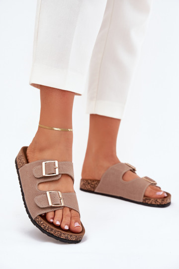 Chaussons pour femmes Lunera avec boucles dorées et coutures couleur kaki 2