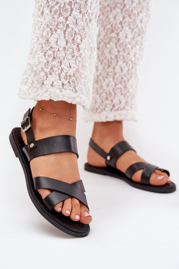 Sandales plates pour femmes en cuir écologique couleur noire Kalira 2