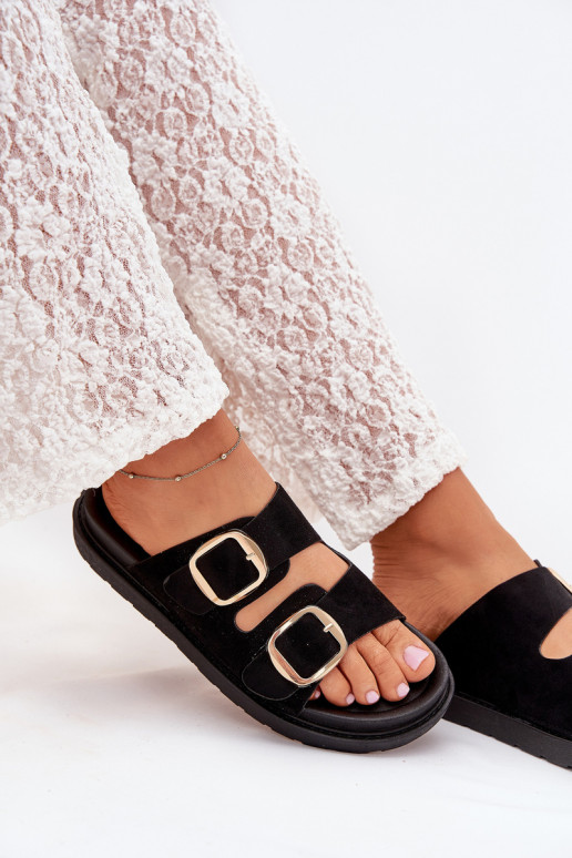 Pantoufles pour femmes avec une plateforme Ze couleur doréemi avec bouclesmi couleur noire Verena