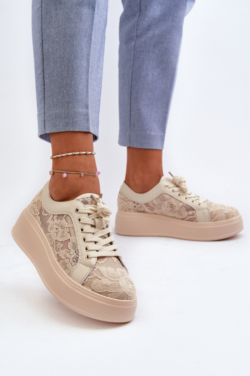 avec des motifs de dentelle Chaussures modèle baskets Féminin avec une plateforme S.Barski HY025 beige