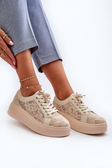 avec des motifs de dentelle Chaussures modèle baskets Féminin avec une plateforme S.Barski HY025 beige 2
