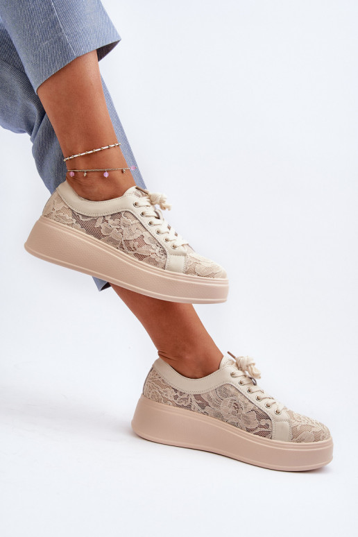 avec des motifs de dentelle Chaussures modèle baskets Féminin avec une plateforme S.Barski HY025 beige