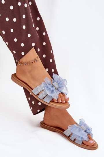 Chaussons pour femmes avec talons larges et nœud en tulle en denim Tanira