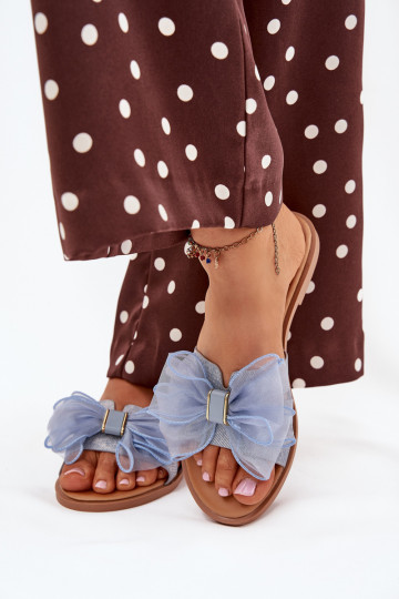 Chaussons pour femmes avec talons larges et nœud en tulle en denim Tanira 2
