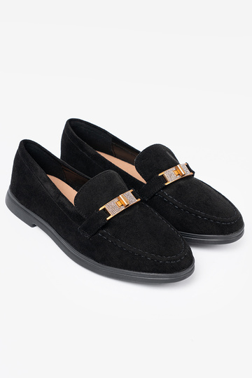 couleur noire en daim mocassins z elegancką złotą ozdobą