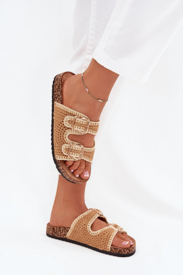 Chaussons en crochet pour femmes avec boucles dorées, couleur marron « Fenira »