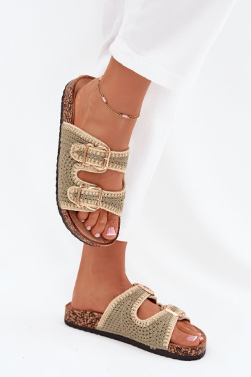 Chaussons en crochet pour femmes avec boucles dorées, couleur verte « Fenira »