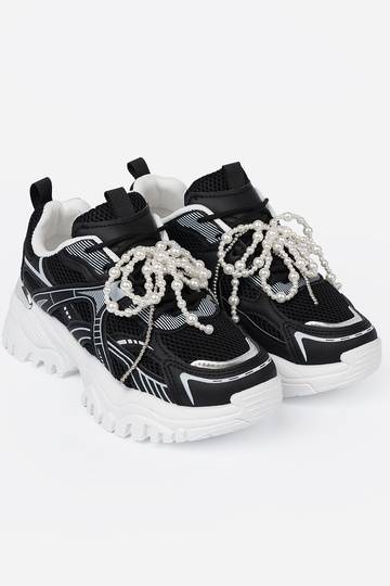 couleur noire Chaussures modèle baskets z białą kokardą i koralikami