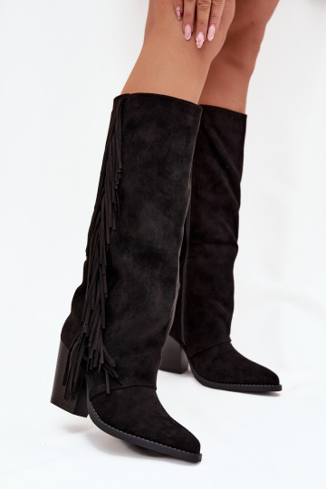 Bottes femme style cowboy avec franges et talons, noires Tivara 2