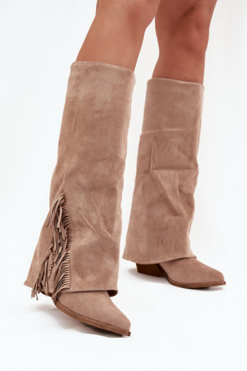 Un modèle convaincant bottes style coÀ-boy Féminin avec des talons avec des franges beige Zalia