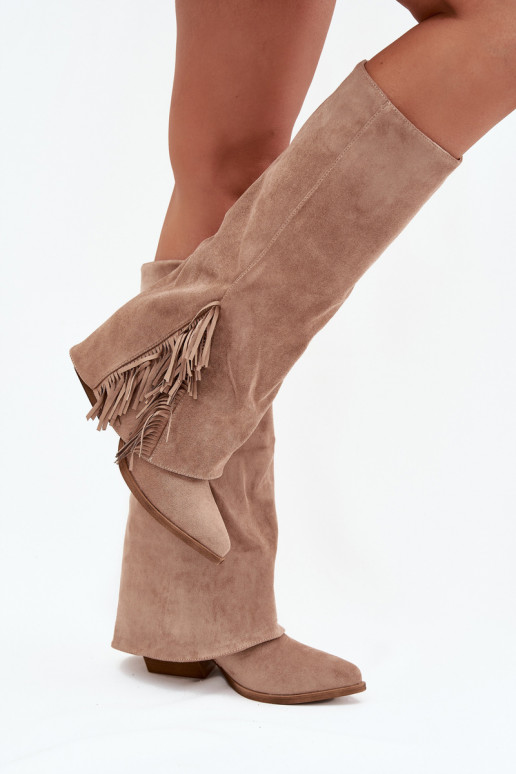 Un modèle convaincant bottes style coÀ-boy Féminin avec des talons avec des franges beige Zalia Un modèle convaincant bottes style coÀ-boy Féminin avec des talons avec des franges beige Zalia