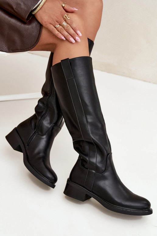 Bottes longues pour femmes à talons bas, doublées, couleur noire Averna