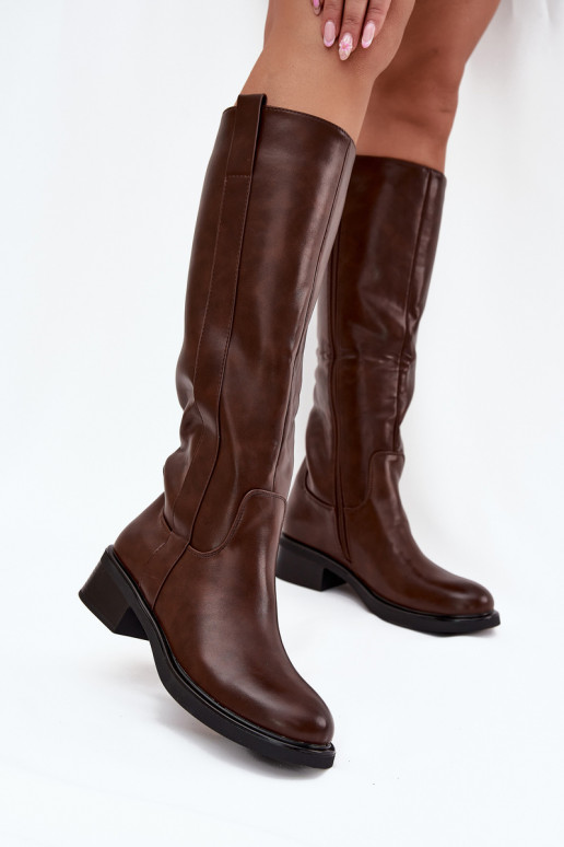 Bottes longues pour femmes à talons bas, doublées, couleur brune Averna