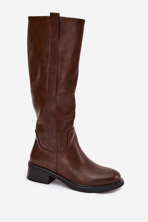 Bottes longues pour femmes à talons bas, doublées, couleur brune Averna