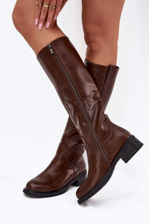 Bottes longues pour femmes à talons bas, doublées, couleur brune Averna
