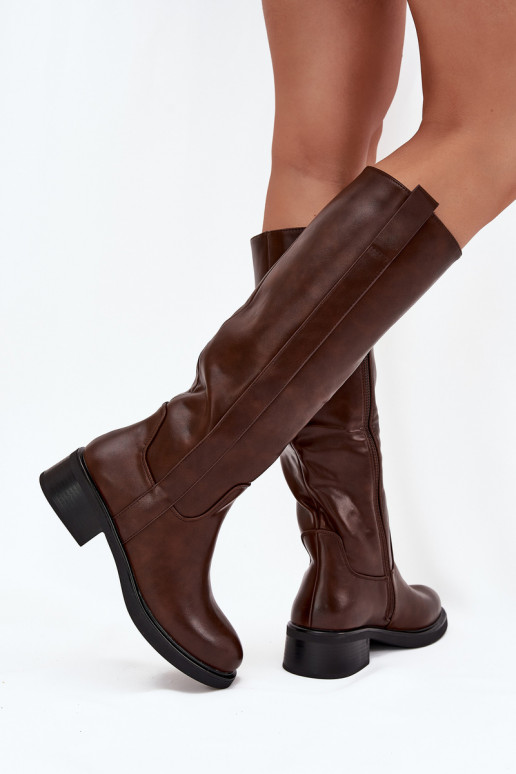 Bottes longues pour femmes à talons bas, doublées, couleur brune Averna
