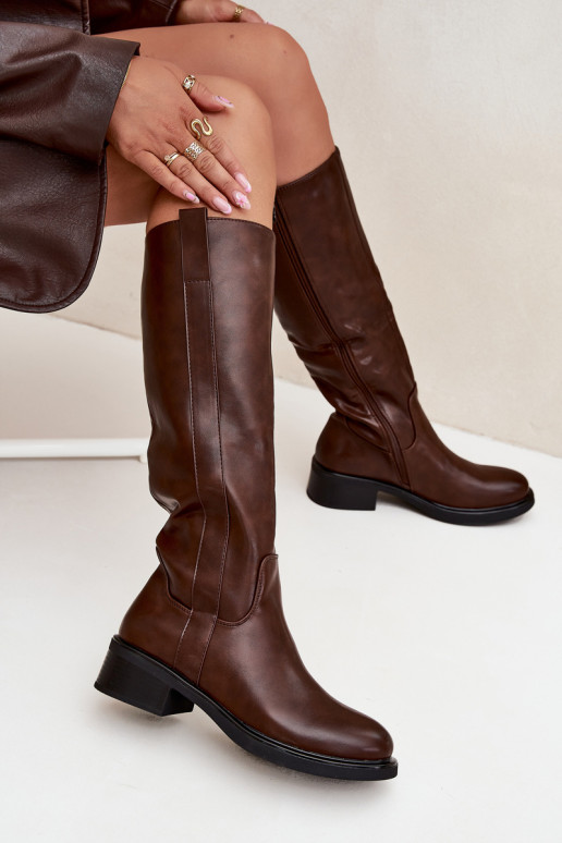Bottes longues pour femmes à talons bas, doublées, couleur brune Averna