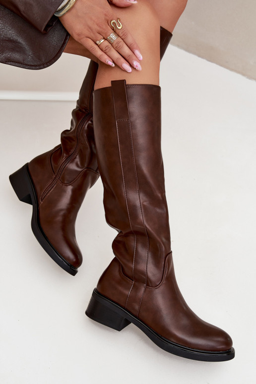 Bottes longues pour femmes à talons bas, doublées, couleur brune Averna