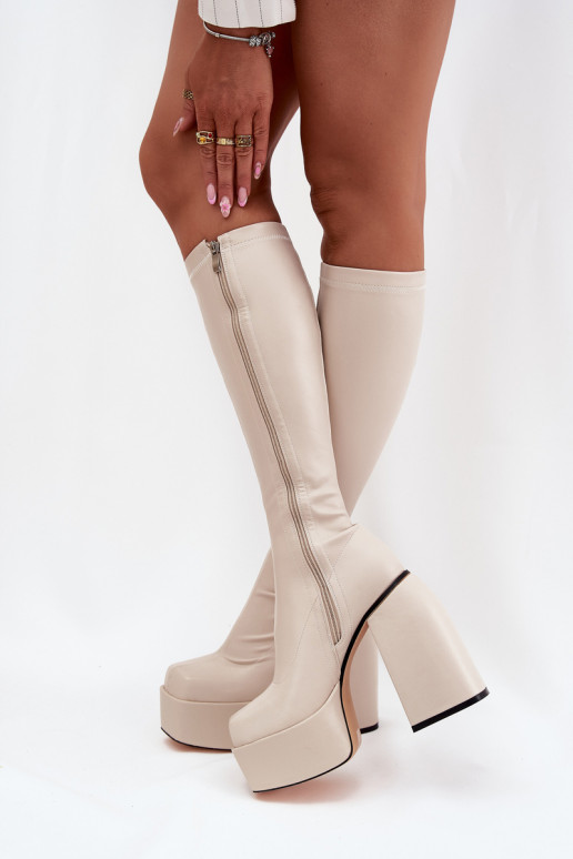 Bottes longues pour femmes avec talons et plateforme couleur ivoire Yavira
