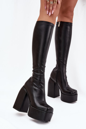 Bottes longues pour femmes avec talons et plateforme couleur noire Yavira