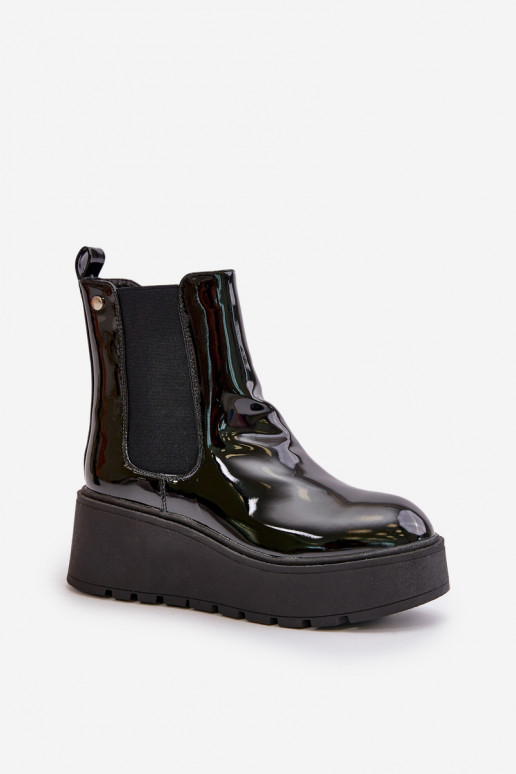 avec effet vernis Bottes pour femmes avec une plateforme I Koturnie réchauffer couleur noire DANSloedia