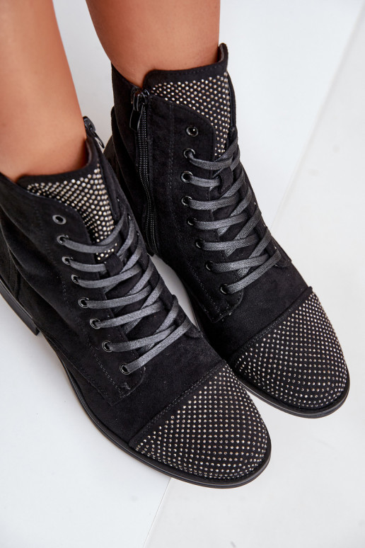 Décoré Bottes avec des talons larges en daim écologiqueoÀe réchauffer couleur noire Ellieo