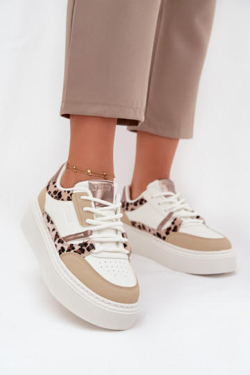 Baskets pour femmes couleur blanc et sable style sneakers avec plateforme Big Star SS274357 avec motifs de fourrure léopard
