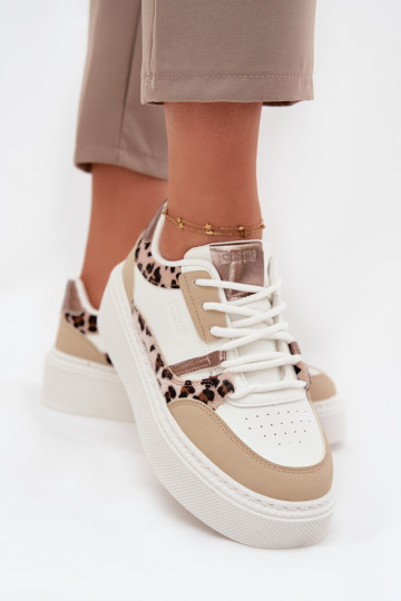 Baskets pour femmes couleur blanc et sable style sneakers avec plateforme Big Star SS274357 avec motifs de fourrure léopard 2