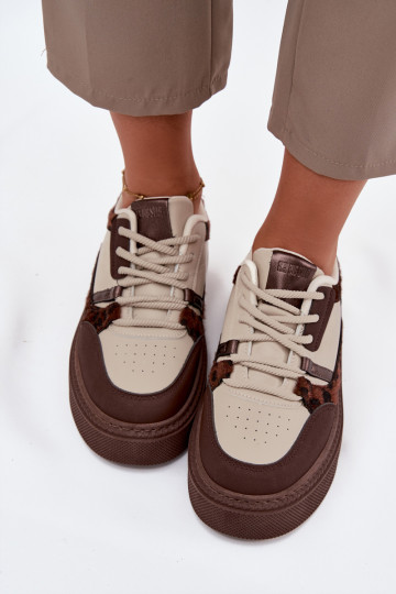 Féminin Chaussures modèle baskets avec une plateforme Big Star SS274356 avec des motifs en fourrure de léopard brun-beige