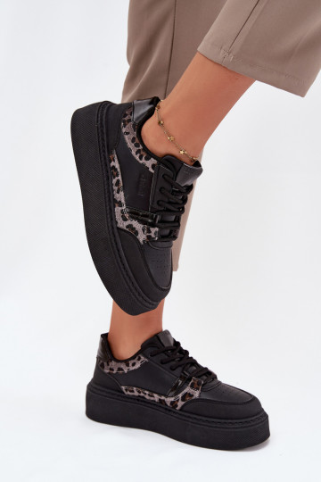 Baskets sportives femmes avec plateforme Big Star SS274358 motifs en fourrure léopard noires