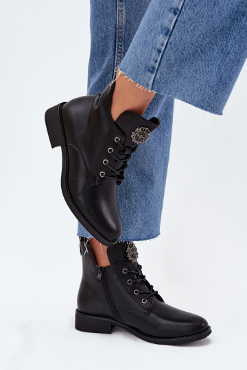 Bottes basses femmes à talons larges et détails ornés, doublées, noires Cylira 2
