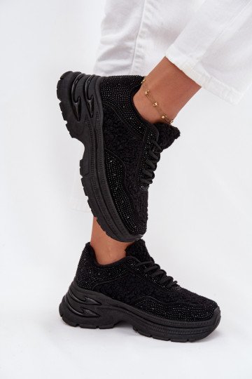 Chaussures modèle baskets Féminin avec des yeux qui clignotent et un manteau de fourrure Typu Baranek couleur noire Zarika