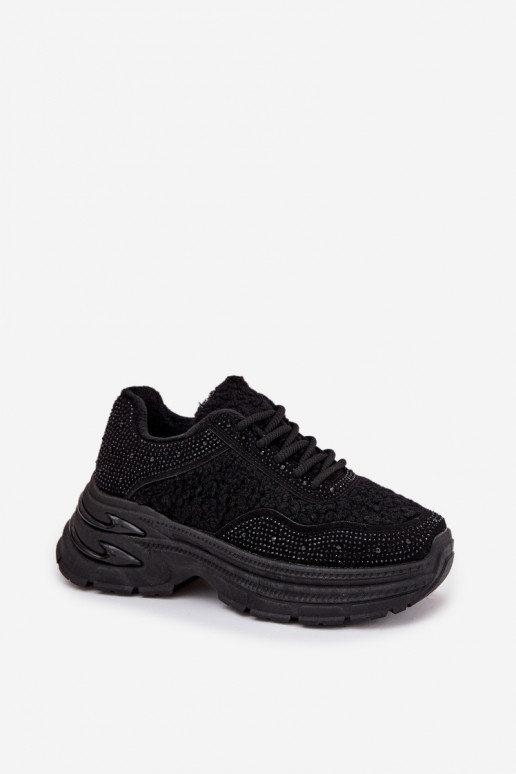 Chaussures modèle baskets Féminin avec des yeux qui clignotent et un manteau de fourrure Typu Baranek couleur noire Zarika