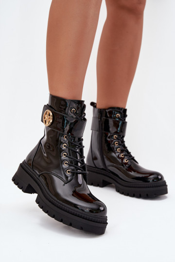 avec effet vernis Bottines de travail Féminin Ze couleur doréem Detalem réchauffer couleur noire Fiorena