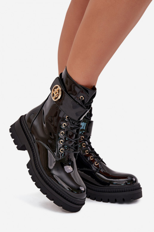 avec effet vernis Bottines de travail Féminin Ze couleur doréem Detalem réchauffer couleur noire Fiorena