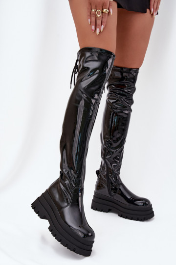 avec effet vernis bottes au-dessus du genou avec une plateforme couleur noire Ravela 2