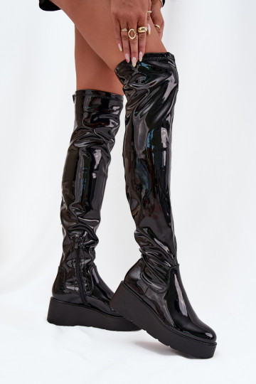 avec effet vernis bottes au-dessus du genou avec une plateforme I Subtilm Koturnie couleur noire Tavina