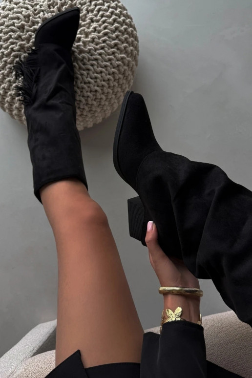 Bottes femme style cowboy à enfiler, avec franges et talons, noires Zalia