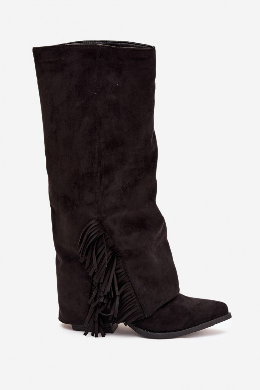 Bottes femme style cowboy à enfiler, avec franges et talons, noires Zalia