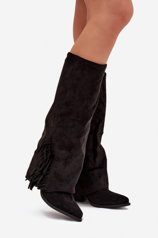 Bottes femme style cowboy à enfiler, avec franges et talons, noires Zalia
