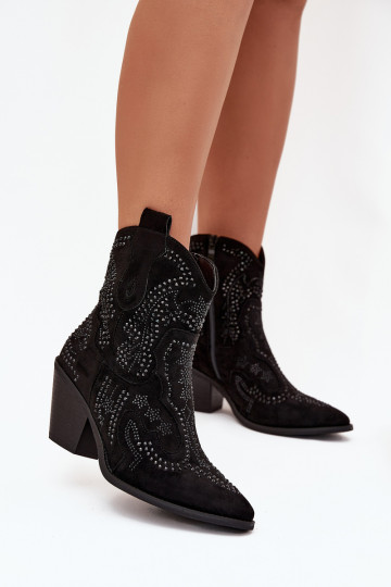 Bottines isolées pour femmes de style cowboy avec décoration, noires Lelira