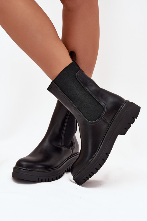 Bottines élégantes femmes à plateforme et talon plat, modèle à enfiler, couleur noire Ravessa
