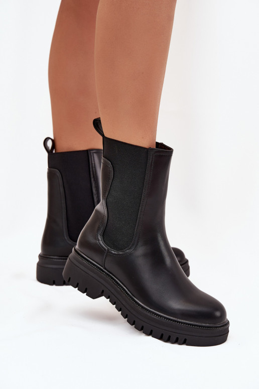 Bottines élégantes femmes à plateforme et talon plat, modèle à enfiler, couleur noire Ravessa
