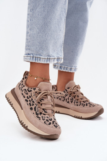 en daim réchauffer Chaussures modèle baskets Féminin avec une plateforme Vinceza 66836 avec des motifs en fourrure de léopard be