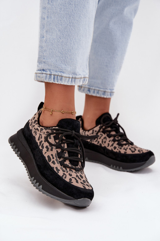 en daim réchauffer Chaussures modèle baskets Féminin avec une plateforme Vinceza 66836 avec des motifs en fourrure de léopard co