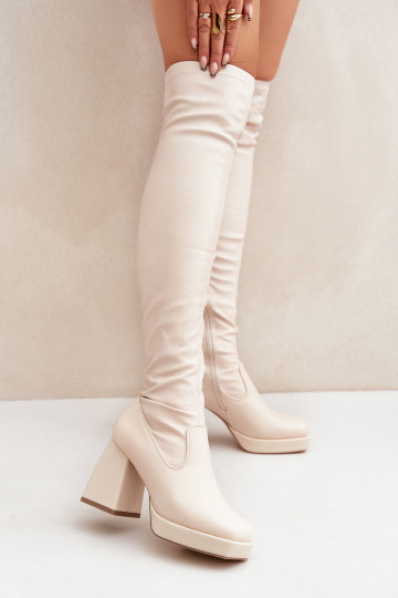 Ajustement serré bottes au-dessus du genou avec des talons couleur ivoire Sanniraen