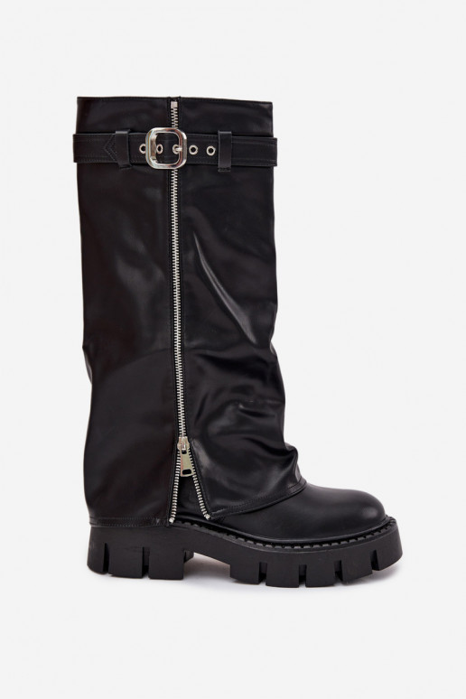 Bottes longues noires isolées avec choleika et boucles, et fermeture éclair argentée Armena