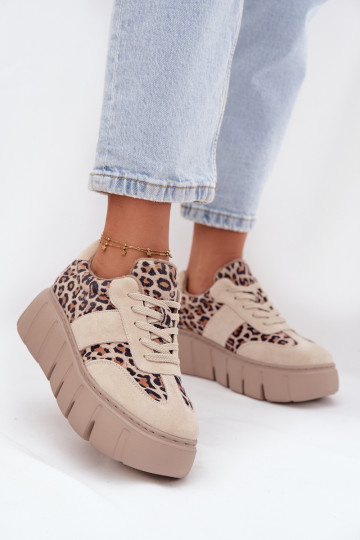 en daim réchauffer Chaussures modèle baskets Féminin avec une plateforme Vinceza 66841 avec des motifs en fourrure de léopard be