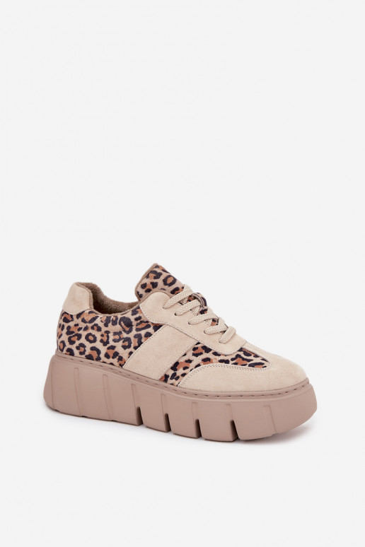 en daim réchauffer Chaussures modèle baskets Féminin avec une plateforme Vinceza 66841 avec des motifs en fourrure de léopard be