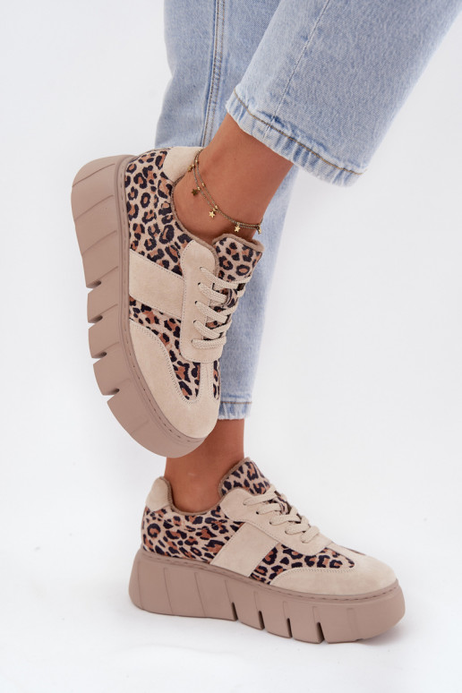 en daim réchauffer Chaussures modèle baskets Féminin avec une plateforme Vinceza 66841 avec des motifs en fourrure de léopard be